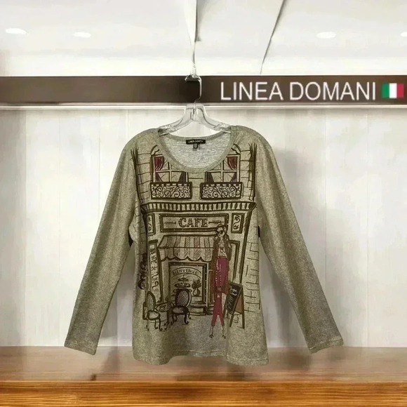 NWOT Linea Domani, Parisian Café Motif Heathered Long-Sleeve Top, Medium, Grey ✨ - Picture 1 of 7
